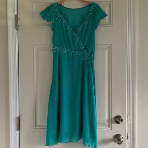 Vintage 90s Aqua! Chiffon Midi Dress A Line Front Tie V Neck Ruffle Sleeve Small